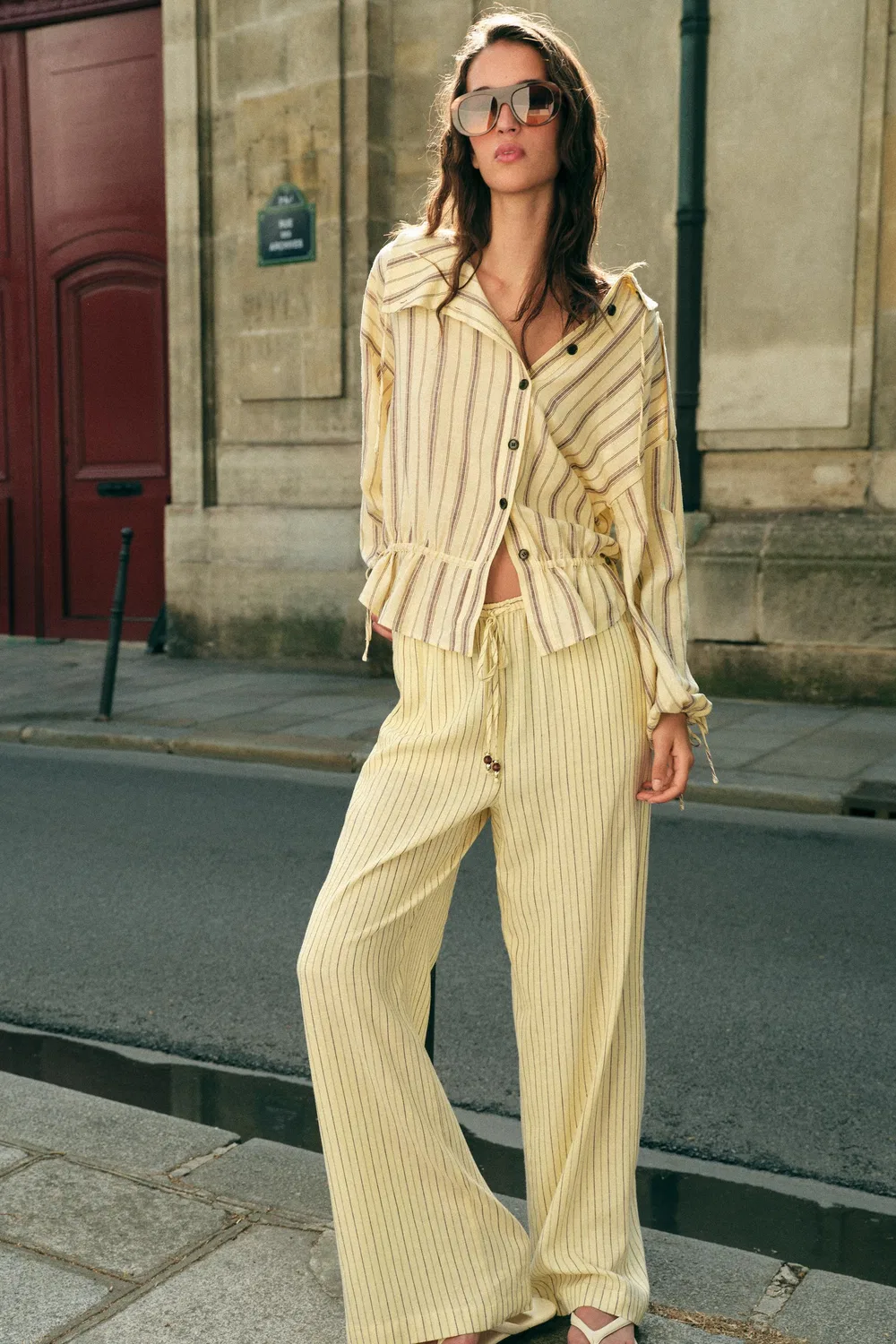 Брюки в полоску из леновой смеси ZARA, Yellow