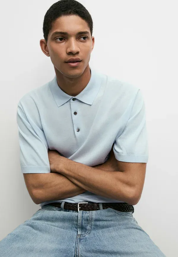 Футболка поло хлопковая Massimo Dutti, light-blue denim, светло-голубой — фото 4