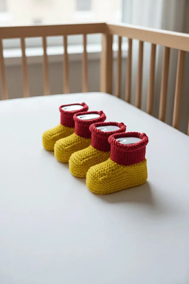 Детские пинетки ручной вязки двухцветные Hiciw, Yellow & Red