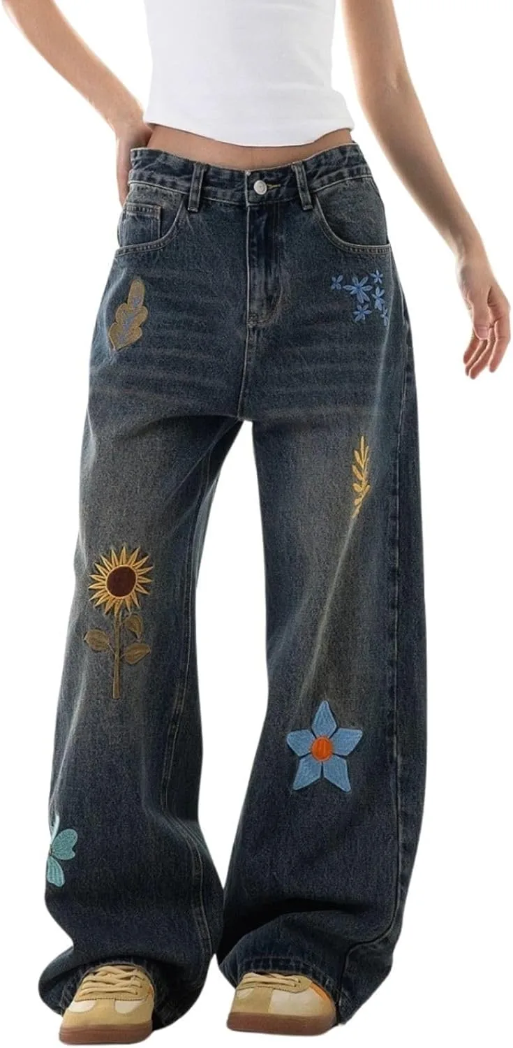 

Джинсы для девушек, Cute Embroidered, High Waisted, Straight Leg Lafaguw