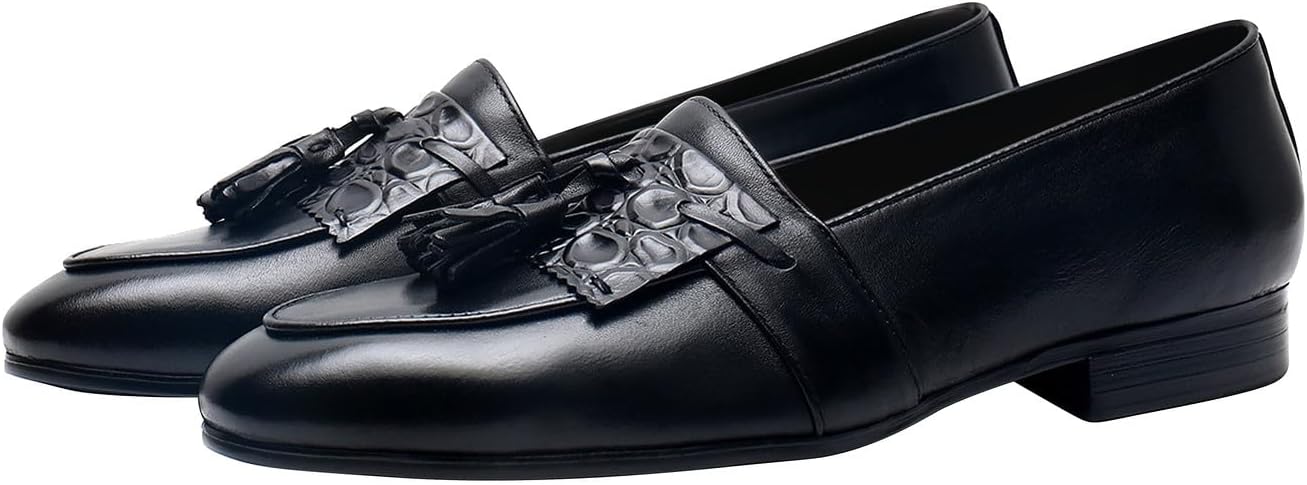 

Мужские кожаные лоферы с кисточками Santimon - обувь без шнурков для повседневной носки, бизнеса, свадьбы и выпускного - современные лоферы-пенни для костюмов и смокингов, черный