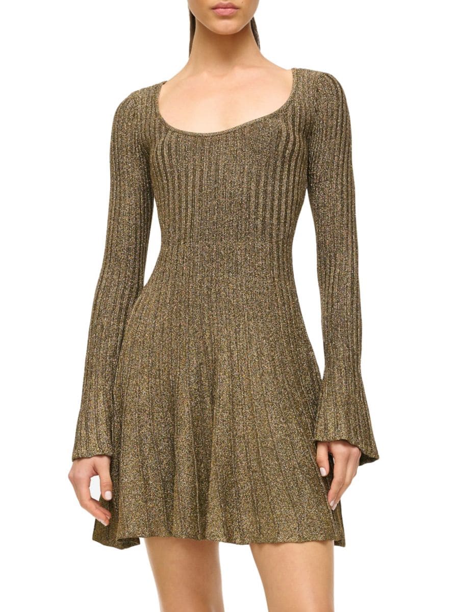 

Мини-платье Raquel с металлическим ребристой отделкой Staud, цвет Metallic Gold