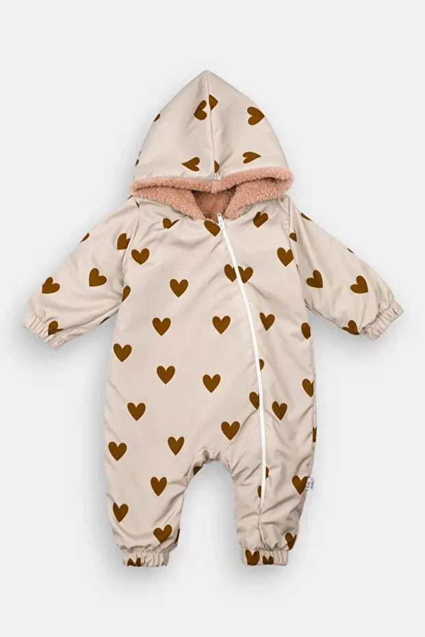 Детский комбинезон для девочек с принтом Astronaut Babykokko, Beige Cosmonaut With Burgundy Heart