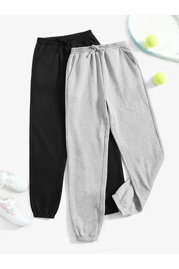 Детские спортивные штаны с эластичными манжетами 2-шт набор Funstyle, Black-Grey