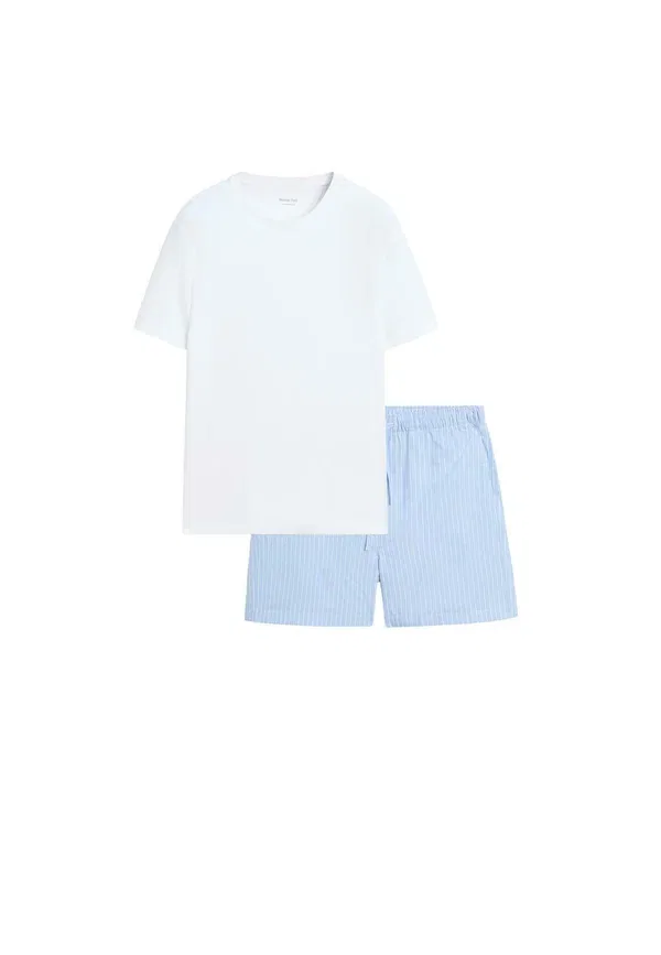 Пижамный комплект из хлопка, модель Short sleeve pyjama top and striped trousers, Massimo Dutti, синий
