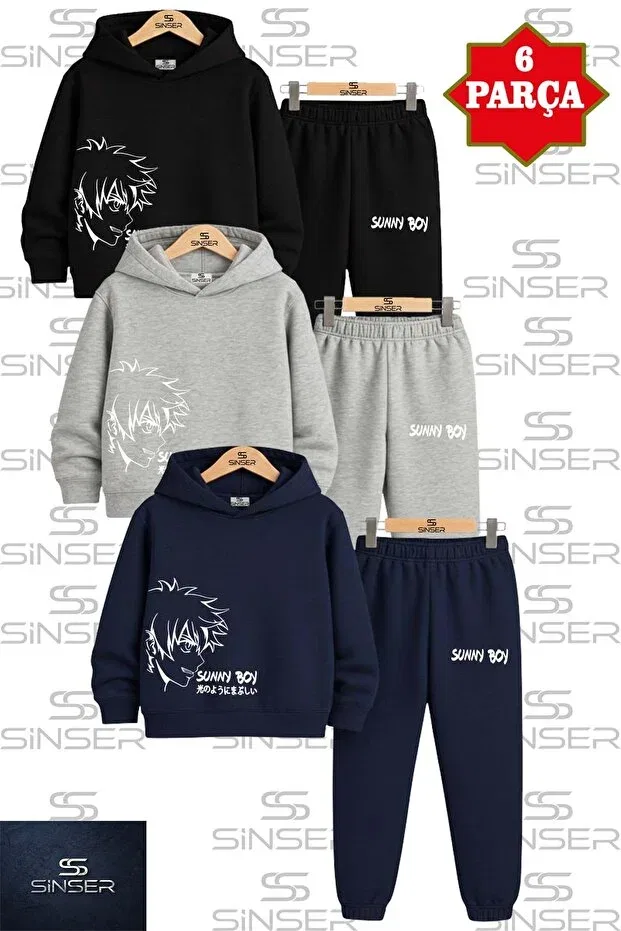 Детский комплект спортивных костюмов для мальчиков с принтом Sunny Boy White Ss Sinser, Siya - Gray - Navy Blue