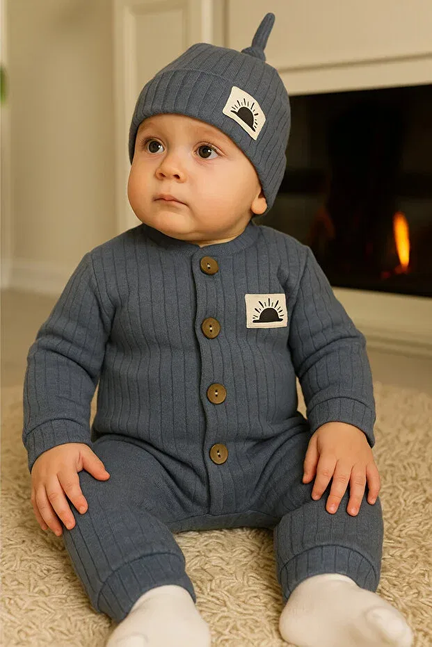 Детский для девочек комбинезон хлопковый Sun Emblem Beanie Solid Color Romper Baby Set Mai Perla, Blue