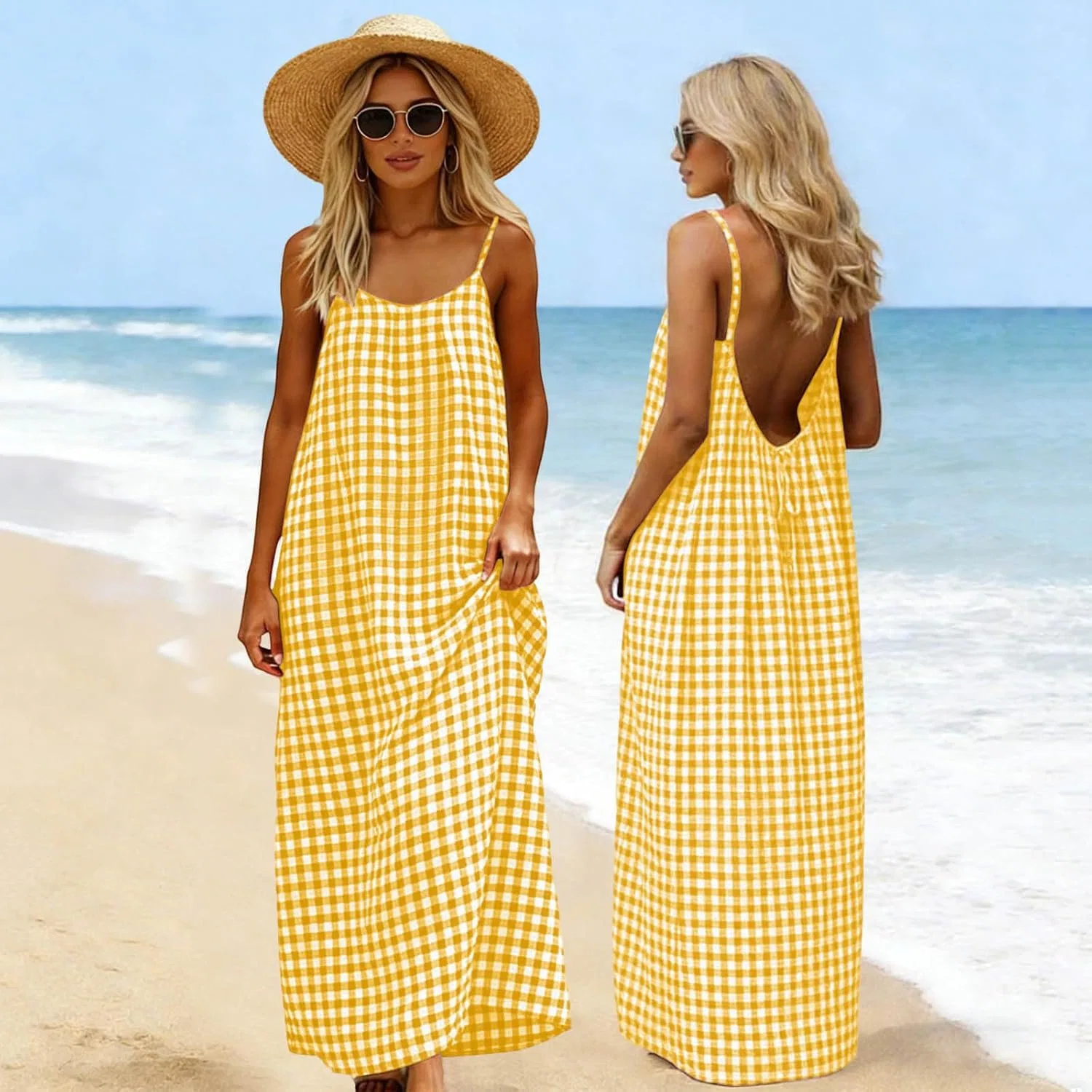 Женское летнее сарафан-трапеция на тонких бретелях, Yellow — фото 2