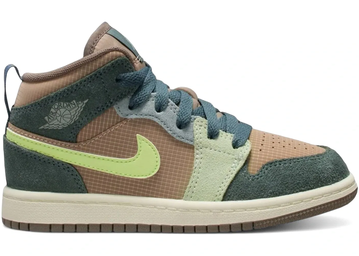 Детские кроссовки для мальчиков кожаные Jordan 1 Mid SE, Khaki/Hasta/Olive Grey/Light Lemon Twist