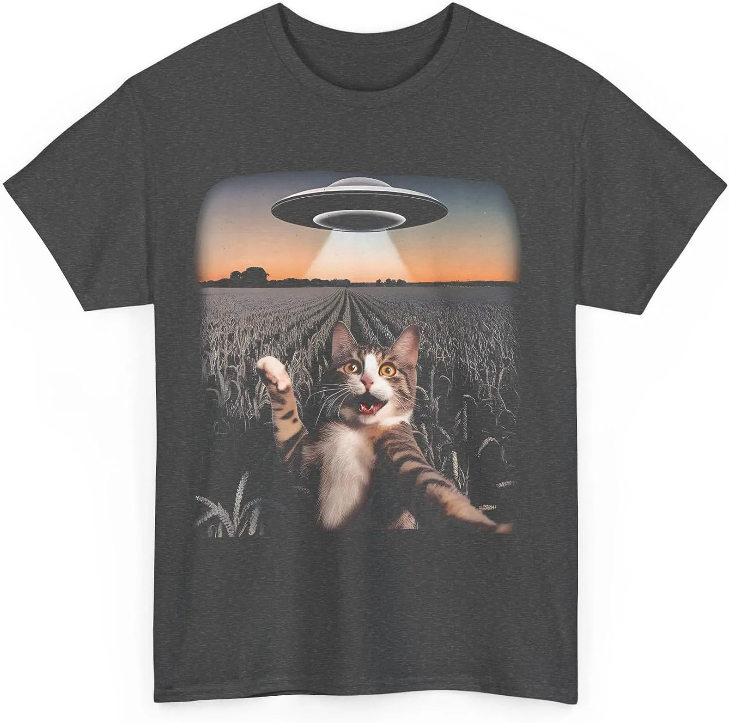 Женская футболка с принтом Cat Selfie with Alien UFO, тёмно-серый меланж