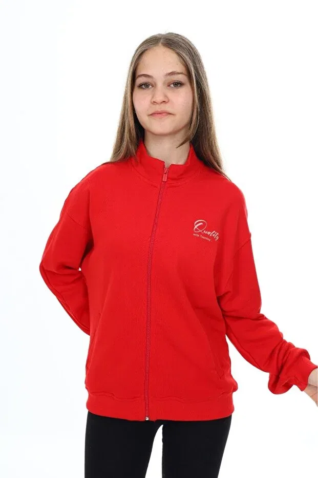 Детский кардиган для девочек с принтом Red girl's mock neck zippered pockets off-shoulder embroidery printed knitted cardigan -3 thread without sharudun Toontoy, Red