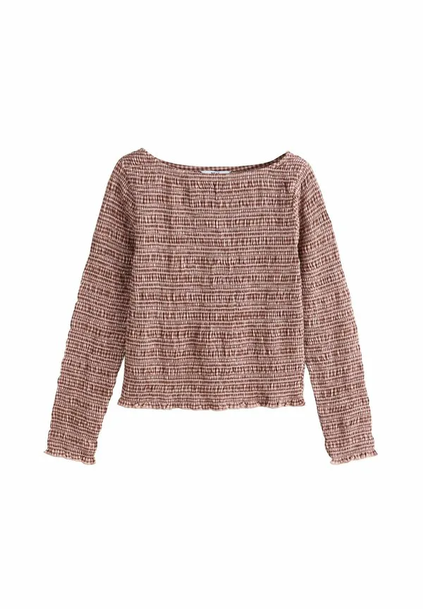 Топ прямого кроя с присборенным вырезом и длинными рукавами Next, Chocolate Brown Gingham — фото 4