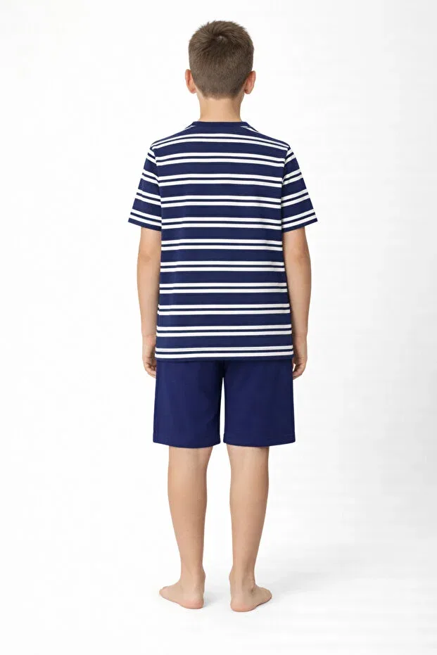 Детский комплект пижамы для мальчиков с полосками Boy'S Striped Waiter Boy Organic Cotton Shorts Pajama Set Cirilo, Navy Blue — фото 3