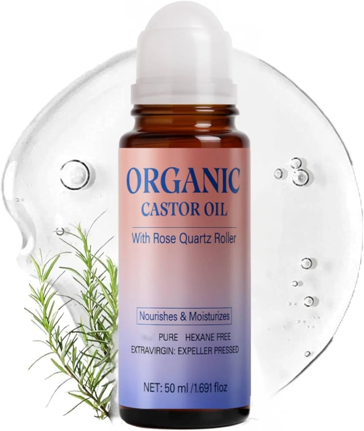 Масло касторовое Organic Castor Oil с роликом из розового кварца, 50 мл, 1Pc Generic