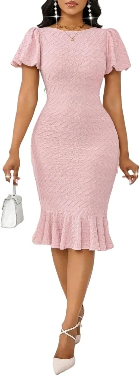 Женское повседневное платье миди с рюшами, Round Neck, Pink