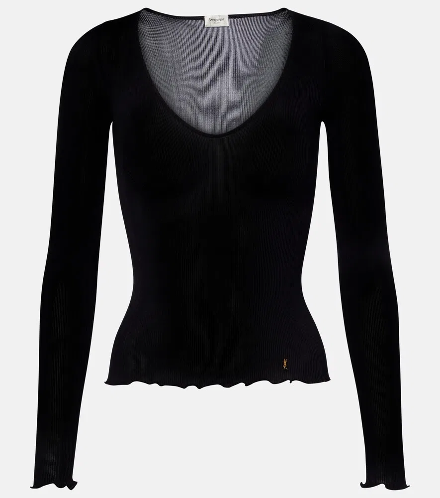 Шелковый топ в рубчик Saint Laurent, черный
