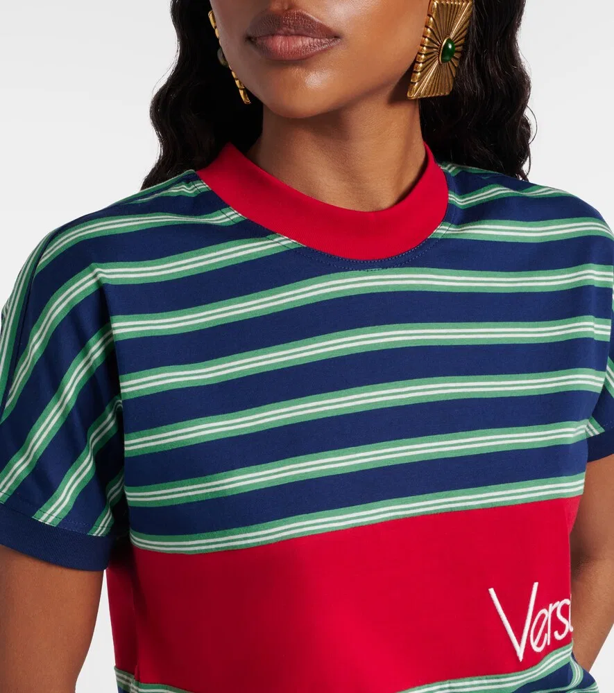 Хлопковая футболка в полоску с вышитым логотипом Versace, мультиколор — фото 3