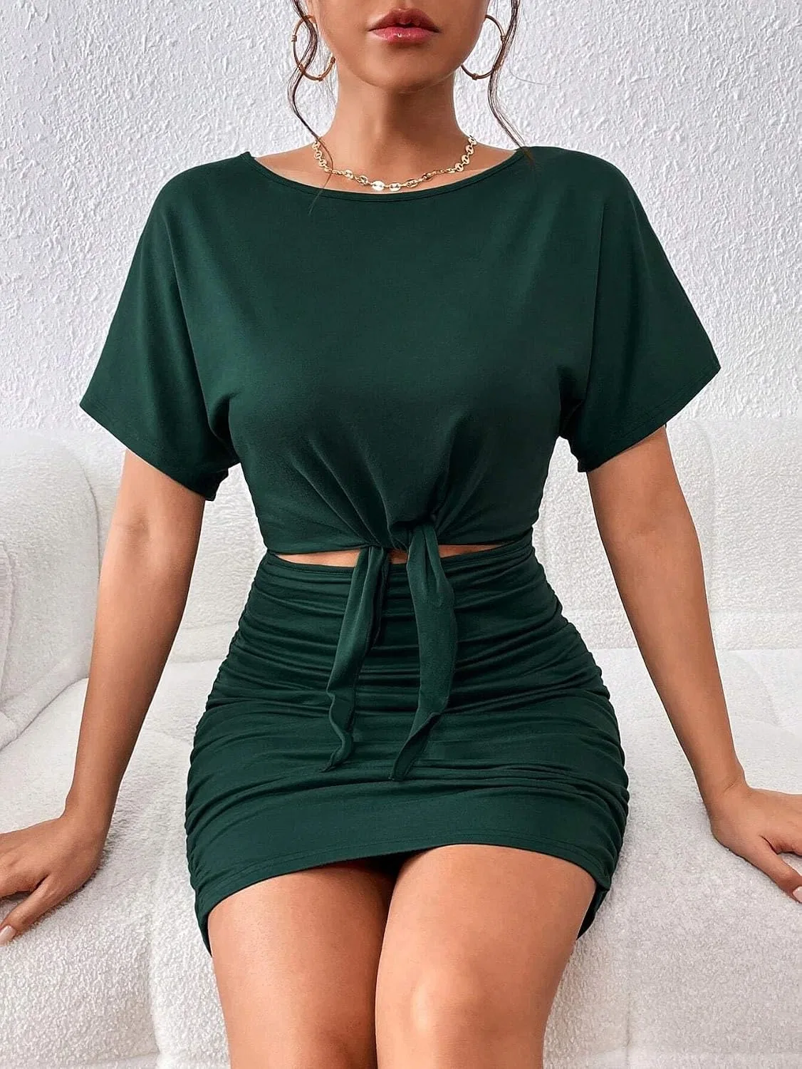 Женское облегающее платье с защипами и вырезами Bodycon, Dark Green — фото 3
