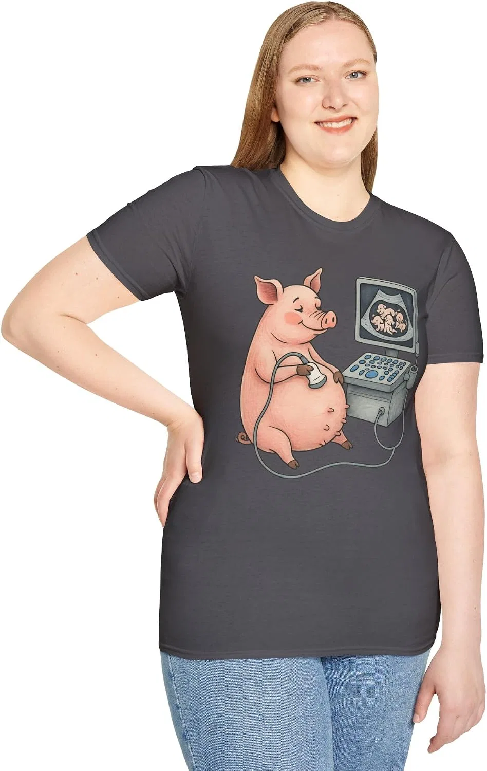 Женская футболка с принтом Pregnant Pig Ultrasound Shirt, тёмно-серый — фото 3