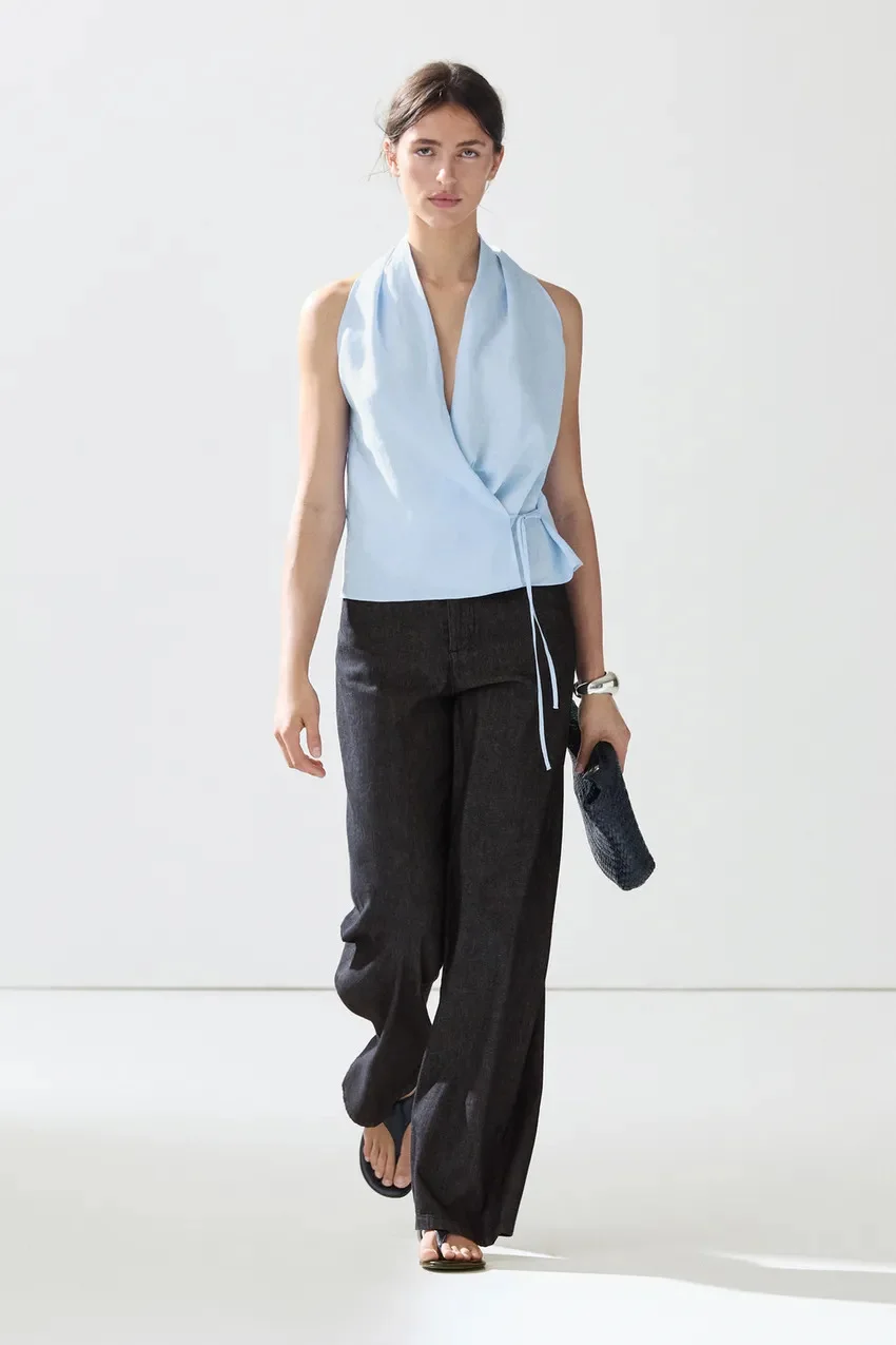 Топ Massimo Dutti из льна с открытыми плечами, небесно-голубой — фото 2