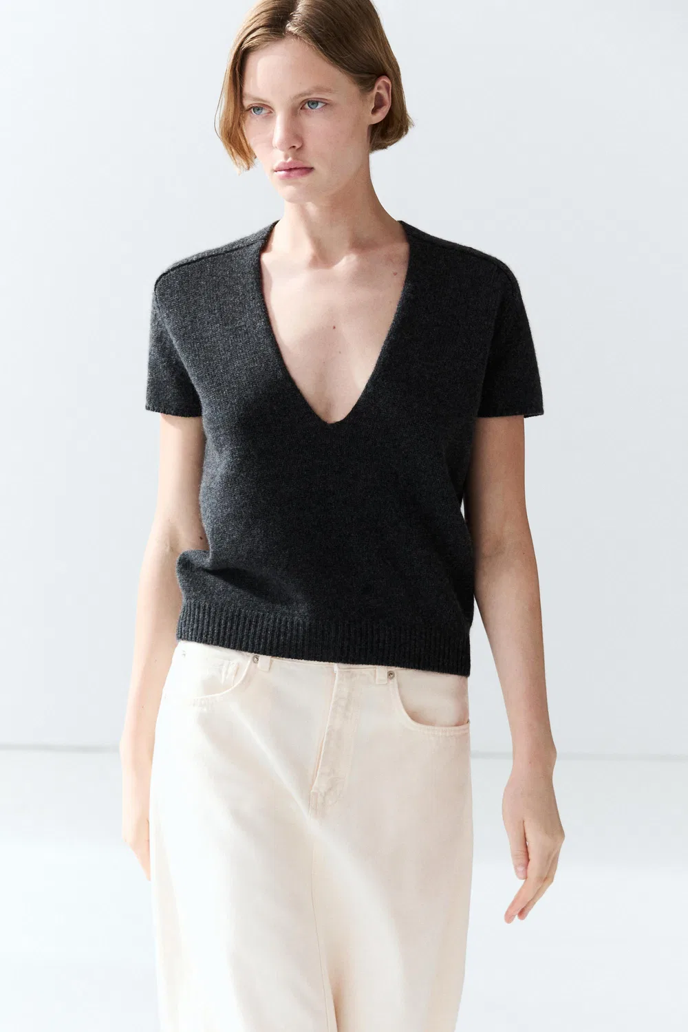 Свитер Massimo Dutti 100% Cashmere Knit Short Sleeve, антрацитово-серый