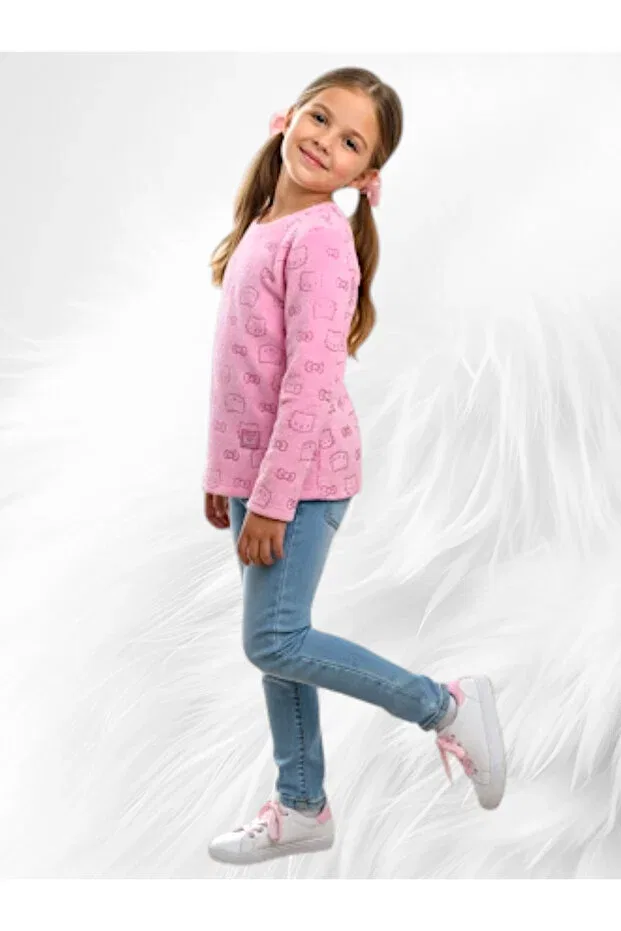 Детские свитшот для девочек с принтом Pink Shiny Cat Printed Fleece Without Sharding Childs, Pink