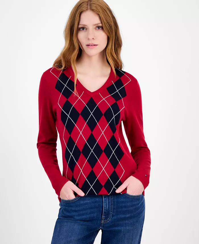 

Женский хлопковый свитер с узором аргайл и плющом Tommy Hilfiger, красный