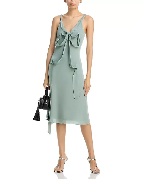 Женское шелковое платье-миди с V-образным вырезом Acne Studios, Sage Green — фото 2