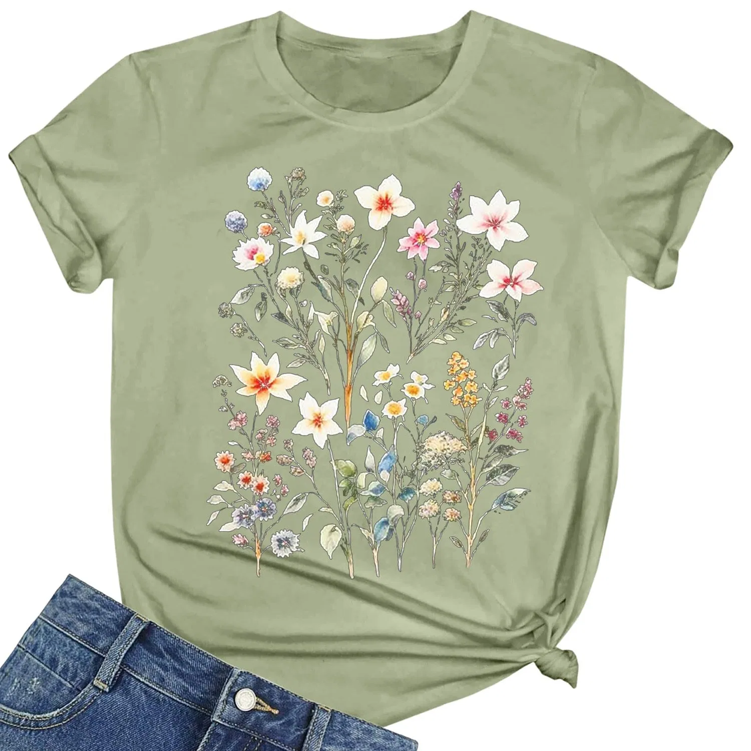 Женская футболка с принтом Girls Graphic Satin Blouses Loose Tops Plus Size Summer Sunflower Women's Basic Cotton Top, 2-green — фото 4