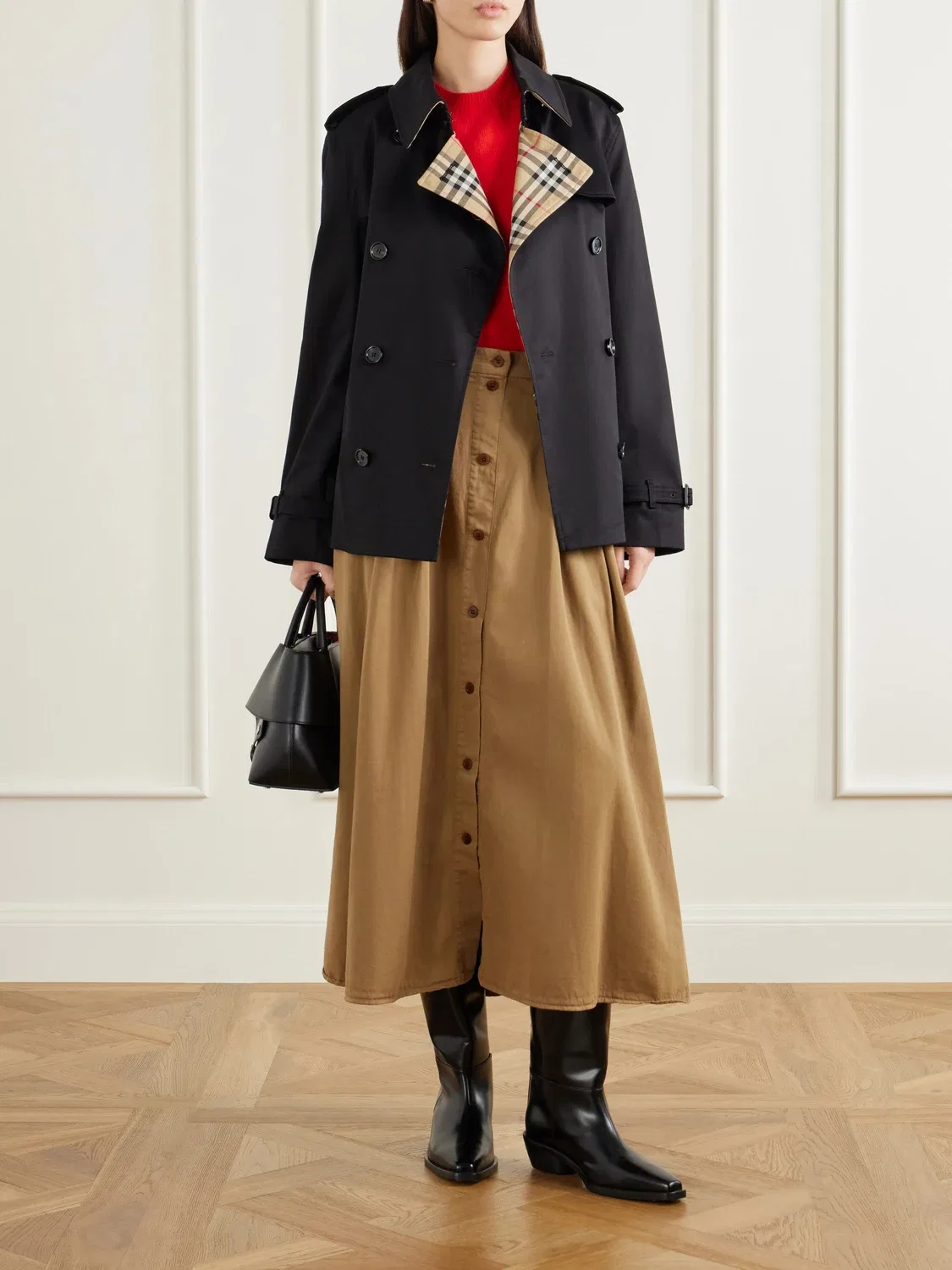 Двубортный тренч из хлопковой габардины в клетку с поясом Burberry, черный — фото 2