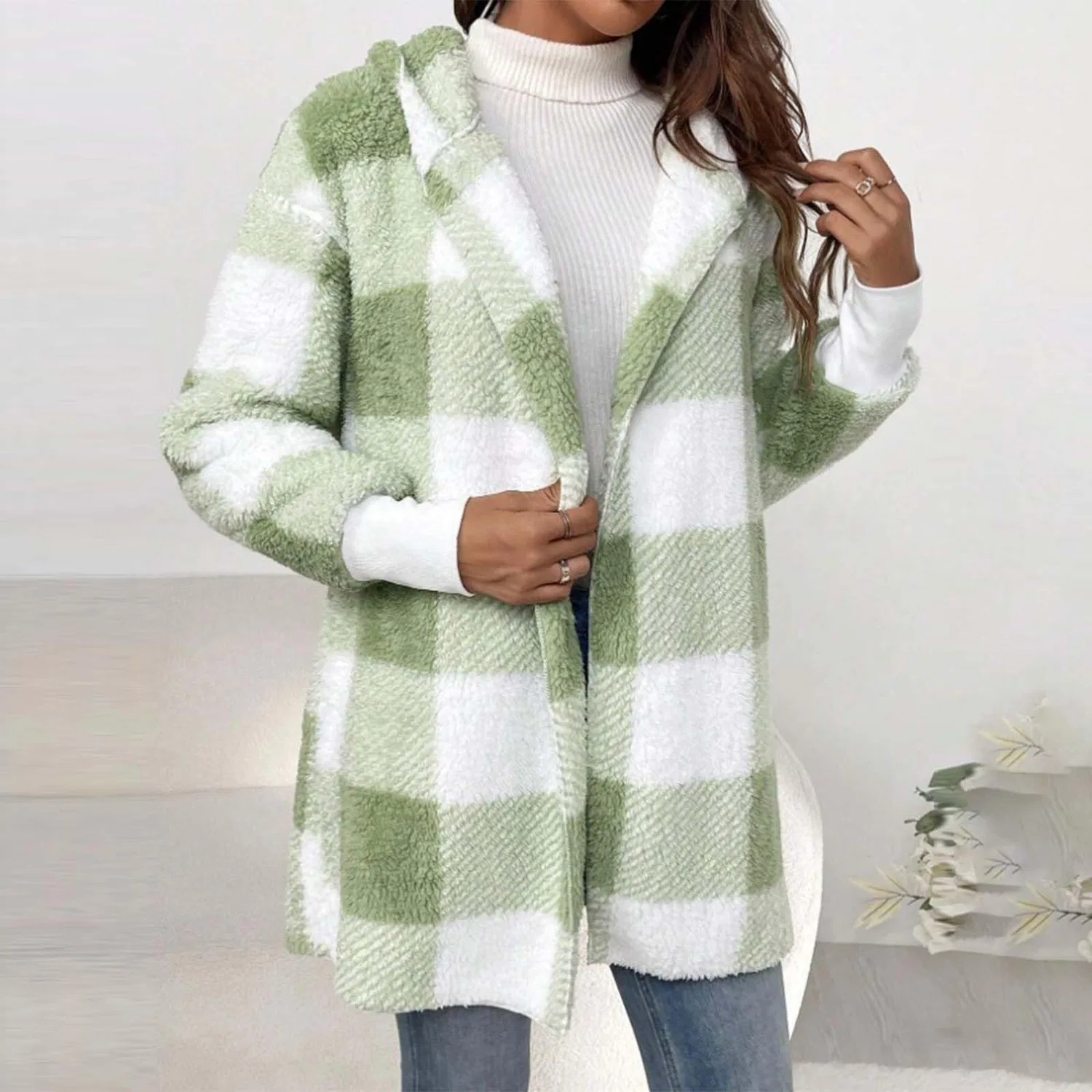 Женский утепленный худи с капюшоном и принтом в клетку, Menta Verde — фото 3
