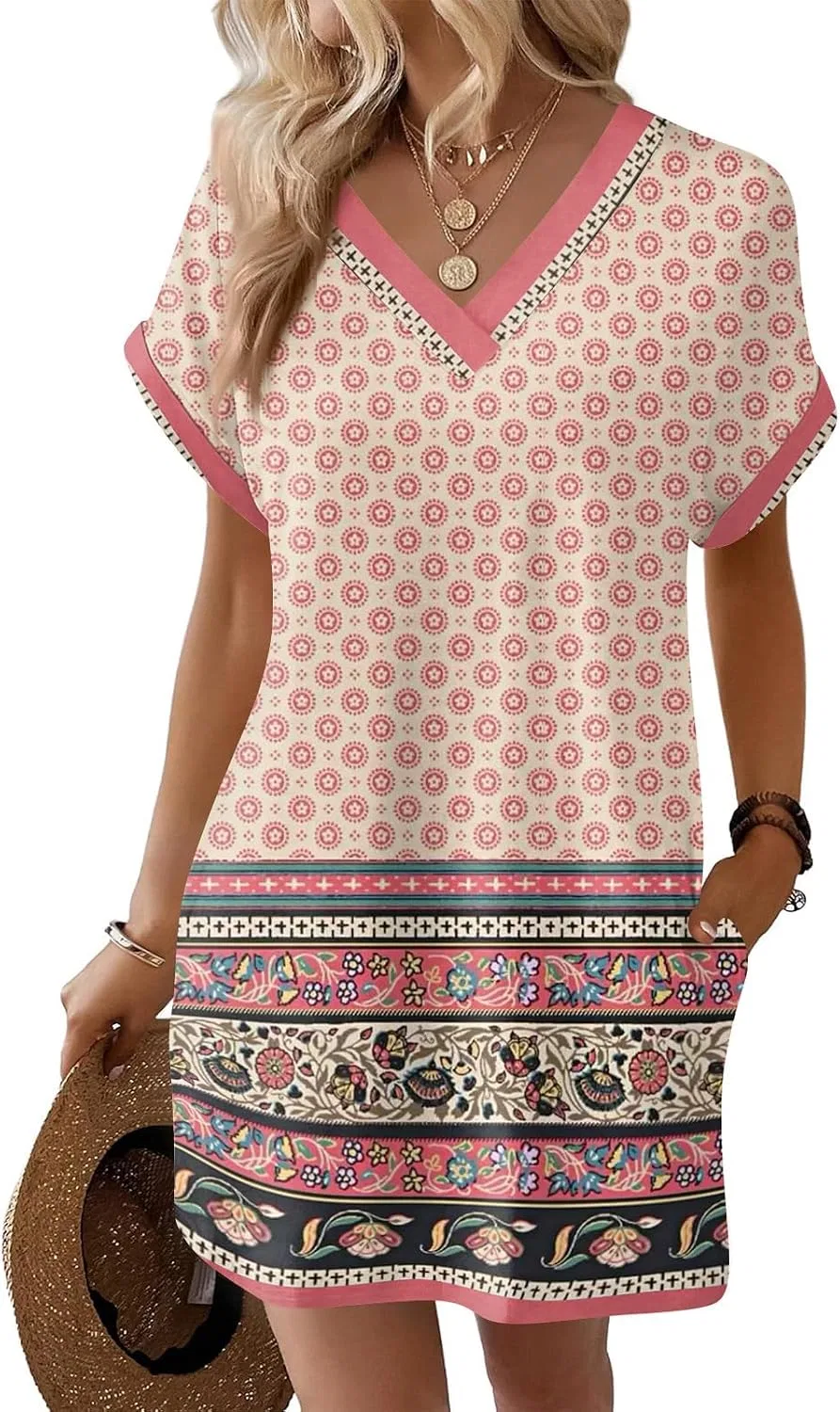 Женское летнее платье с цветочным принтом V-образным вырезом, 4-light Pink — фото 4
