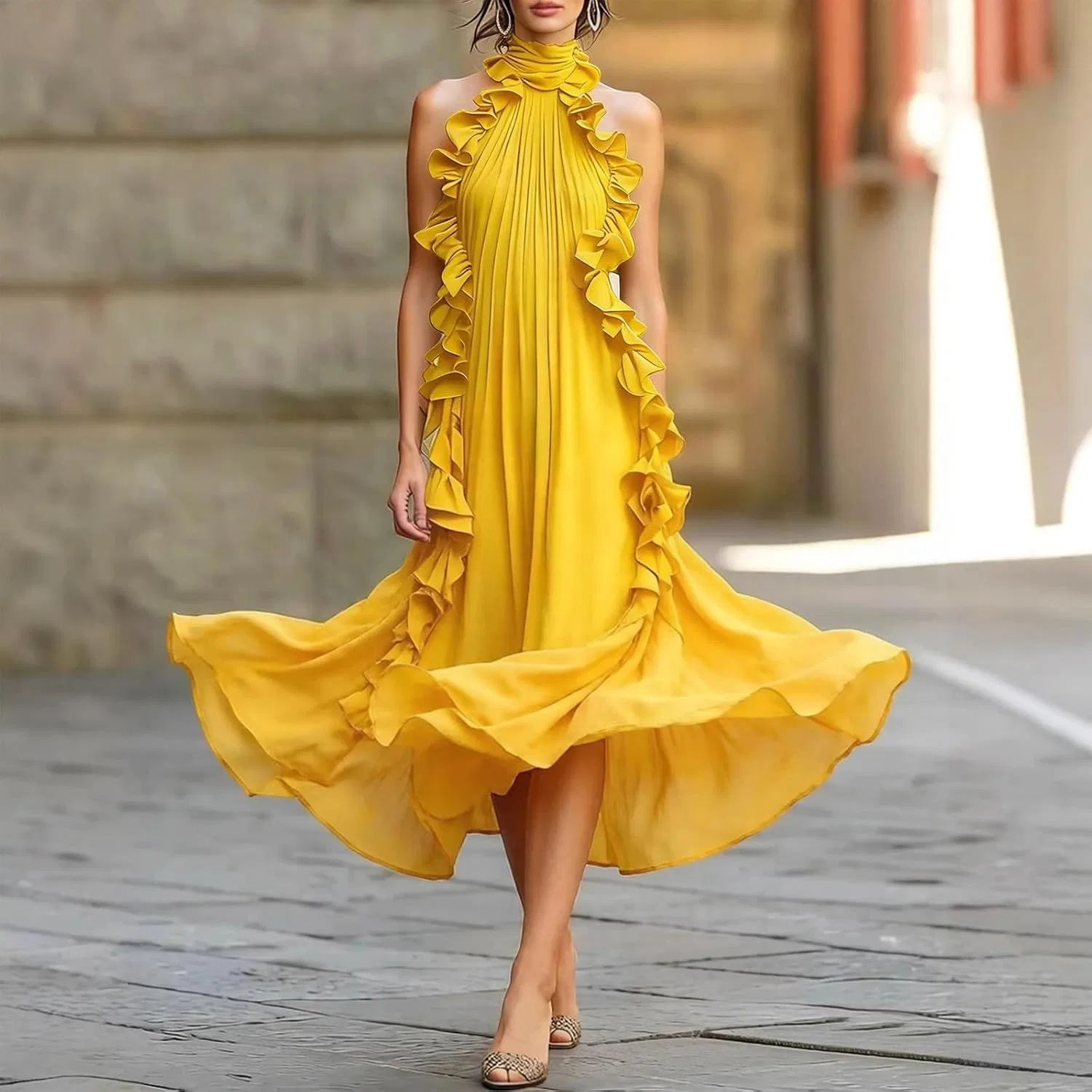 Женское платье-макси без рукавов Pleated Tiered Chiffon, жёлтый — фото 2