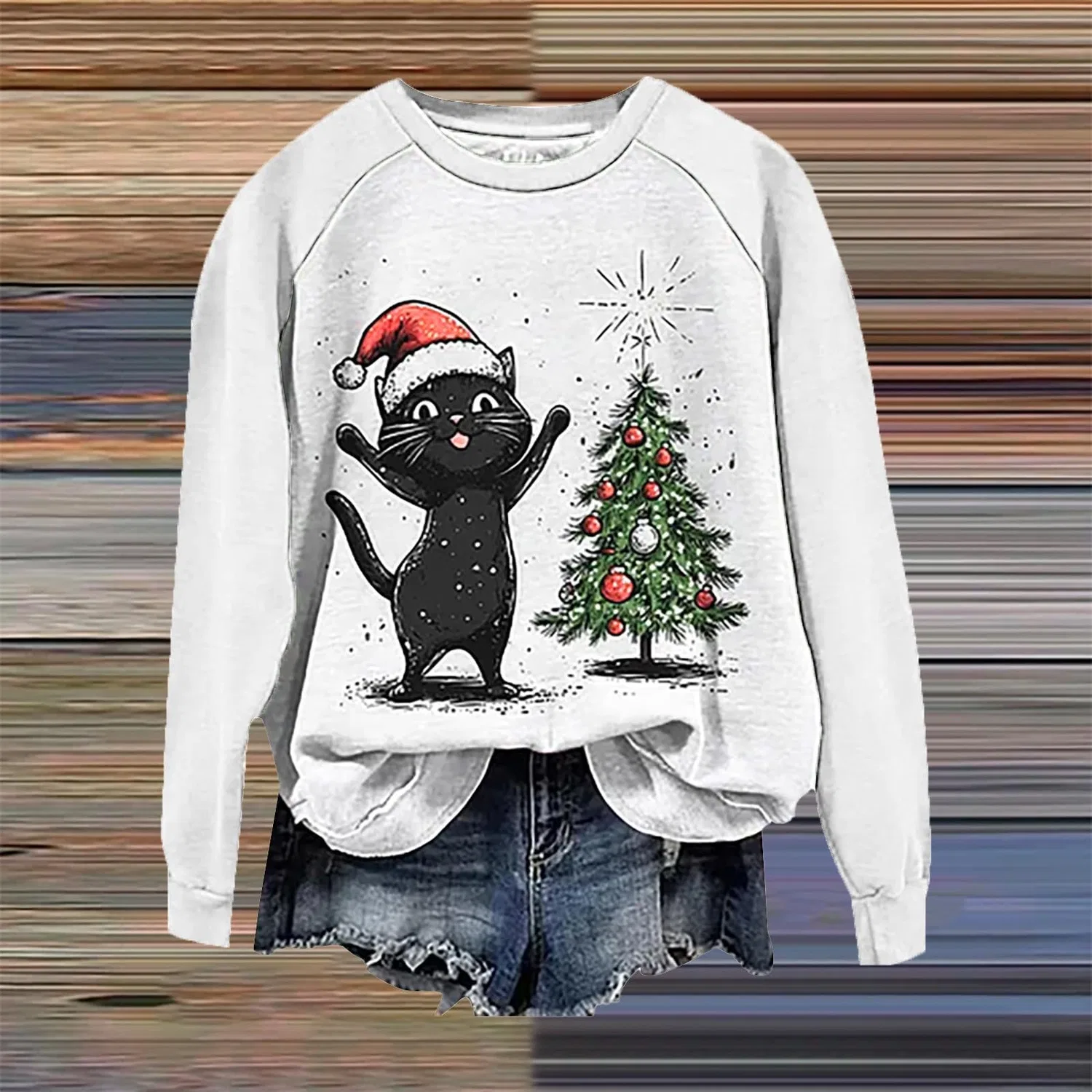 Женский свитшот с принтом Christmas Tree Funny Cat Say What Woman Pullover, Z12 White — фото 2
