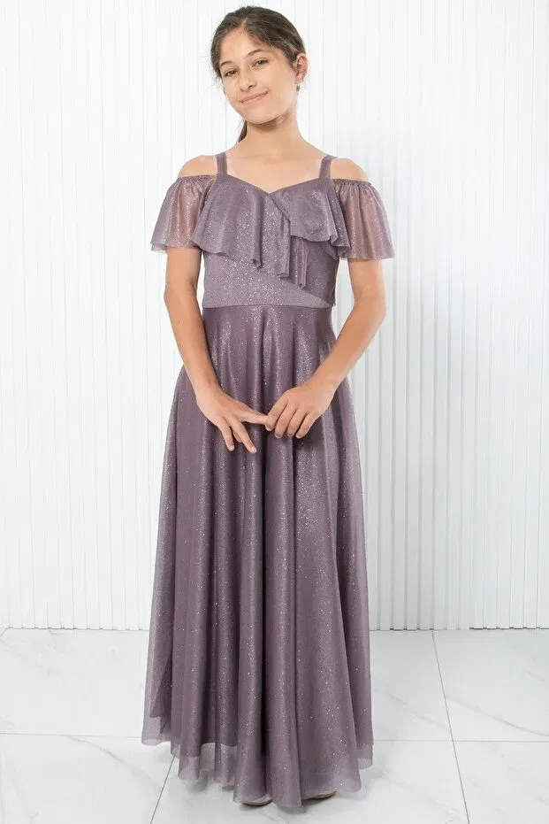 Детское платье для девочек с открытыми плечами из фатина Lilac glitter tulle strap boat neck graduation evening dress - dnm938 Denimini, Lila — фото 4