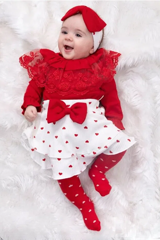 Детский комплект для девочек с кружевной юбкой Helena lace skirt set with heart socks Cherub Baby, Red — фото 2