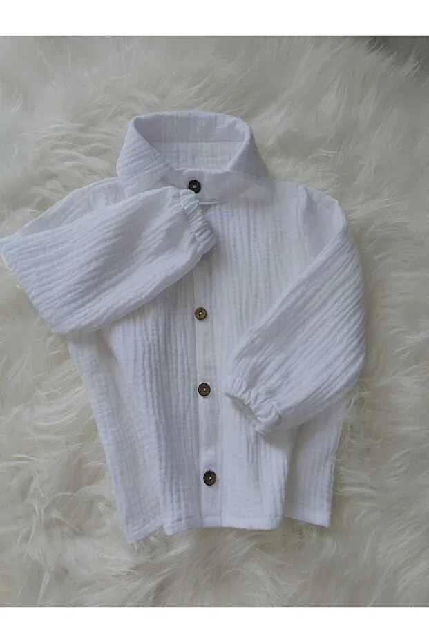 Детская рубашка из муслина для мальчиков с длинным рукавом Ykr Design, White — фото 2