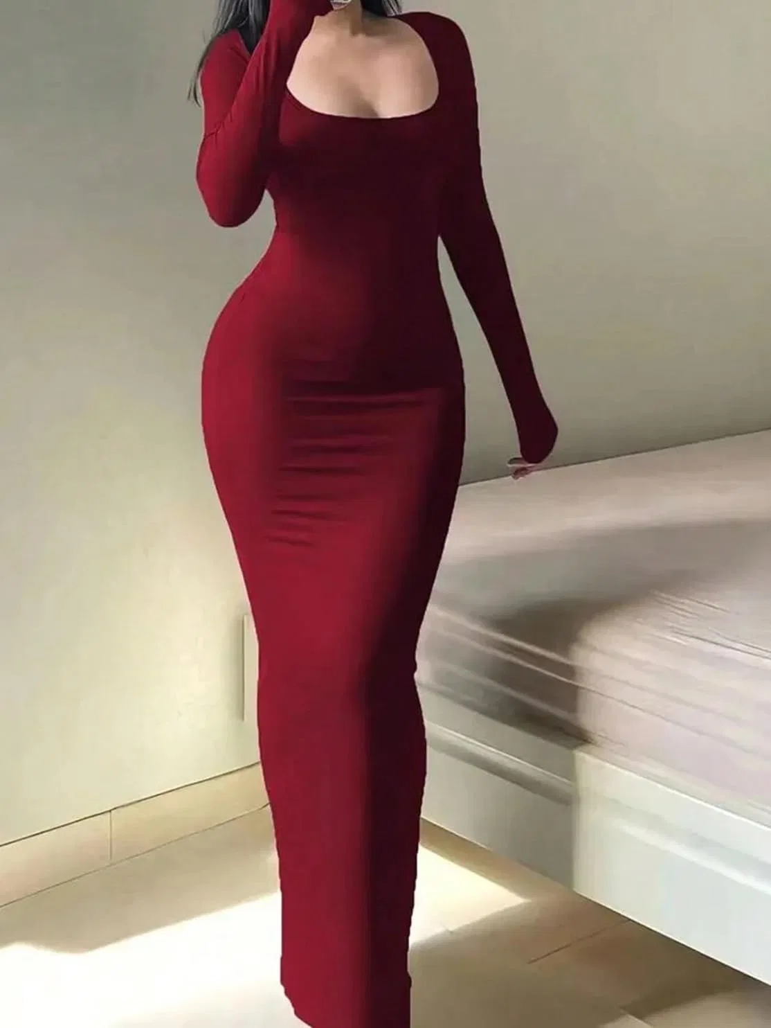 Женское длинное платье макси с длинным рукавом Bodycon, Burgundy — фото 2