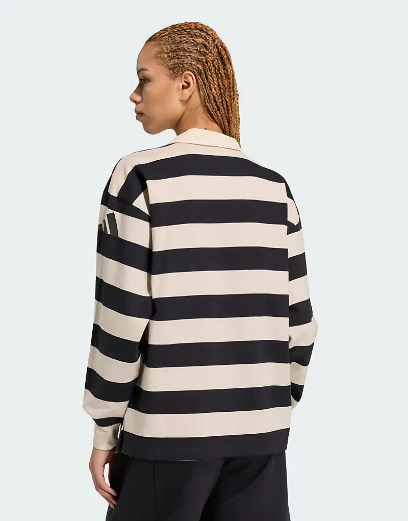 Поло Adidas Sportswear Essentials в современном стиле с длинными рукавами из французского махрового трикотажа, черный/кристально чистый лен — фото 2
