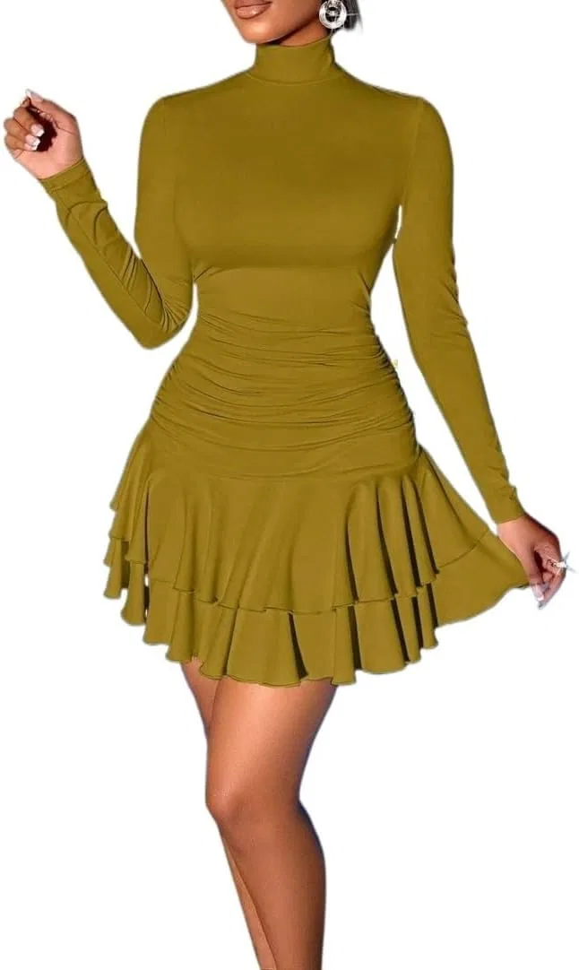 Женское мини-платье с воланами Bodycon, Brown