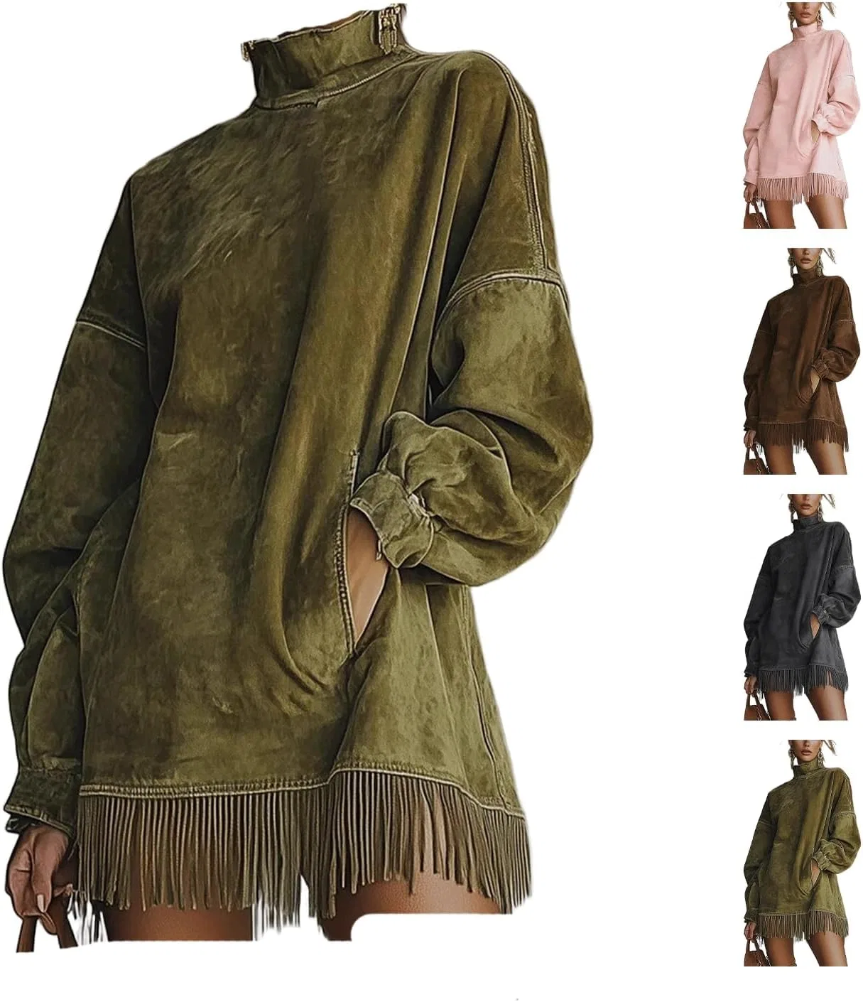 Женское платье-водолазка из замши с бахромой, Olive Green