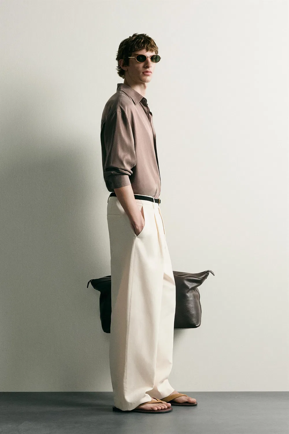 Свободная, струящаяся рубашка ZARA, Taupe grey — фото 4