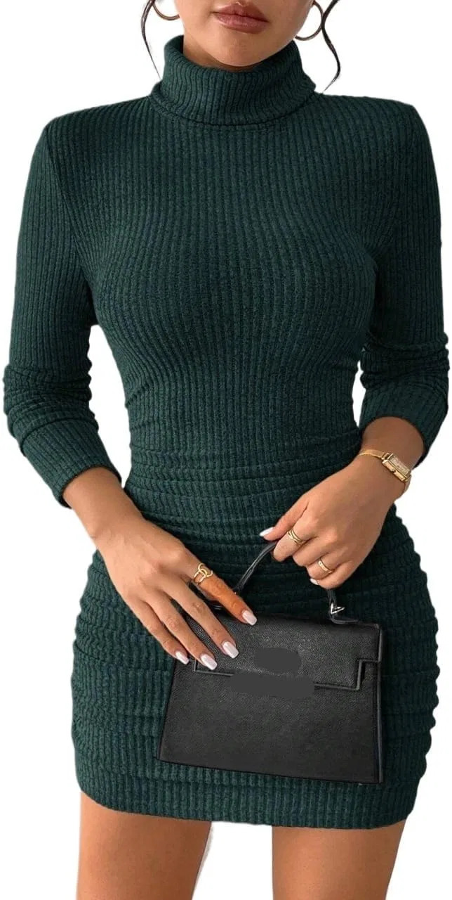 Женское облегающее мини-платье с высоким воротником Bodycon, Green
