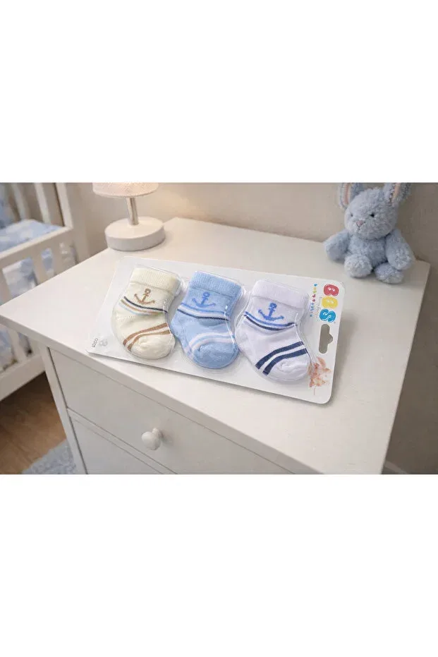 Детские носки для новорожденных хлопковые Basics Atlas Baby House, Blue And White Beige-Spiked — фото 2