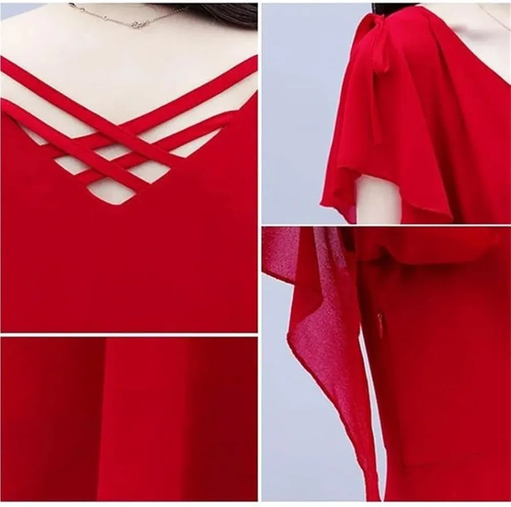 Женское летнее шифоновое платье с неровным подолом, Red — фото 3