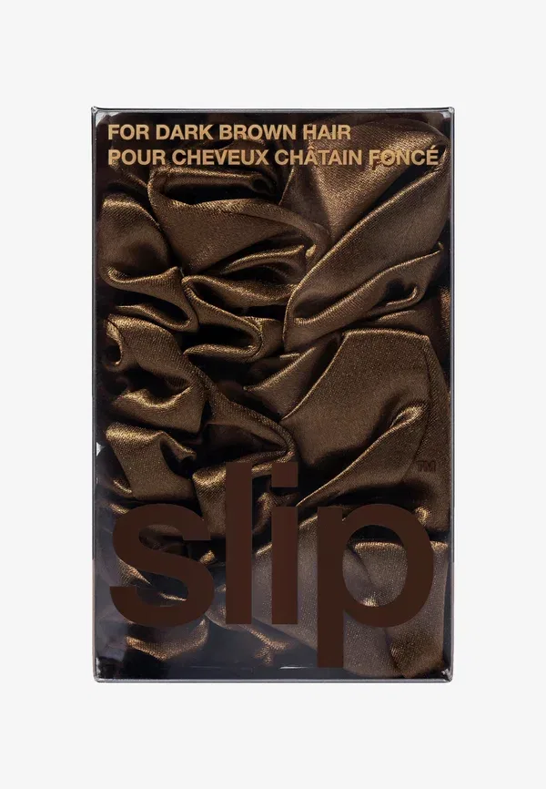 Комплект из 3 шелковых резинок для волос Pure silk back to basics assorted scrunchies set, Slip, dark brown — фото 3