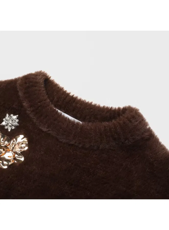 Свитер с брошью мягкий с круглым вырезом Zara, коричневый — фото 4