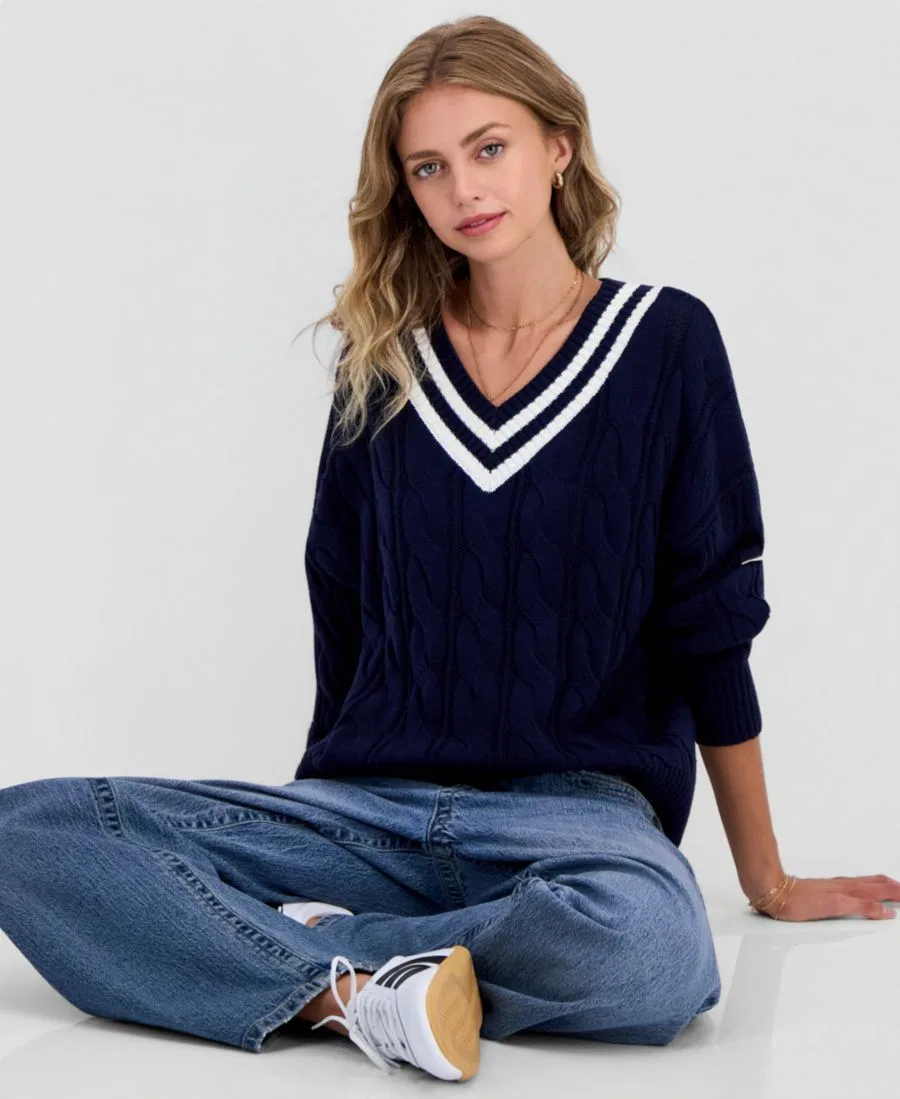 Свитер с v-образным вырезом и косами, модель Varsity Hippie Rose, Navy Blazer — фото 2