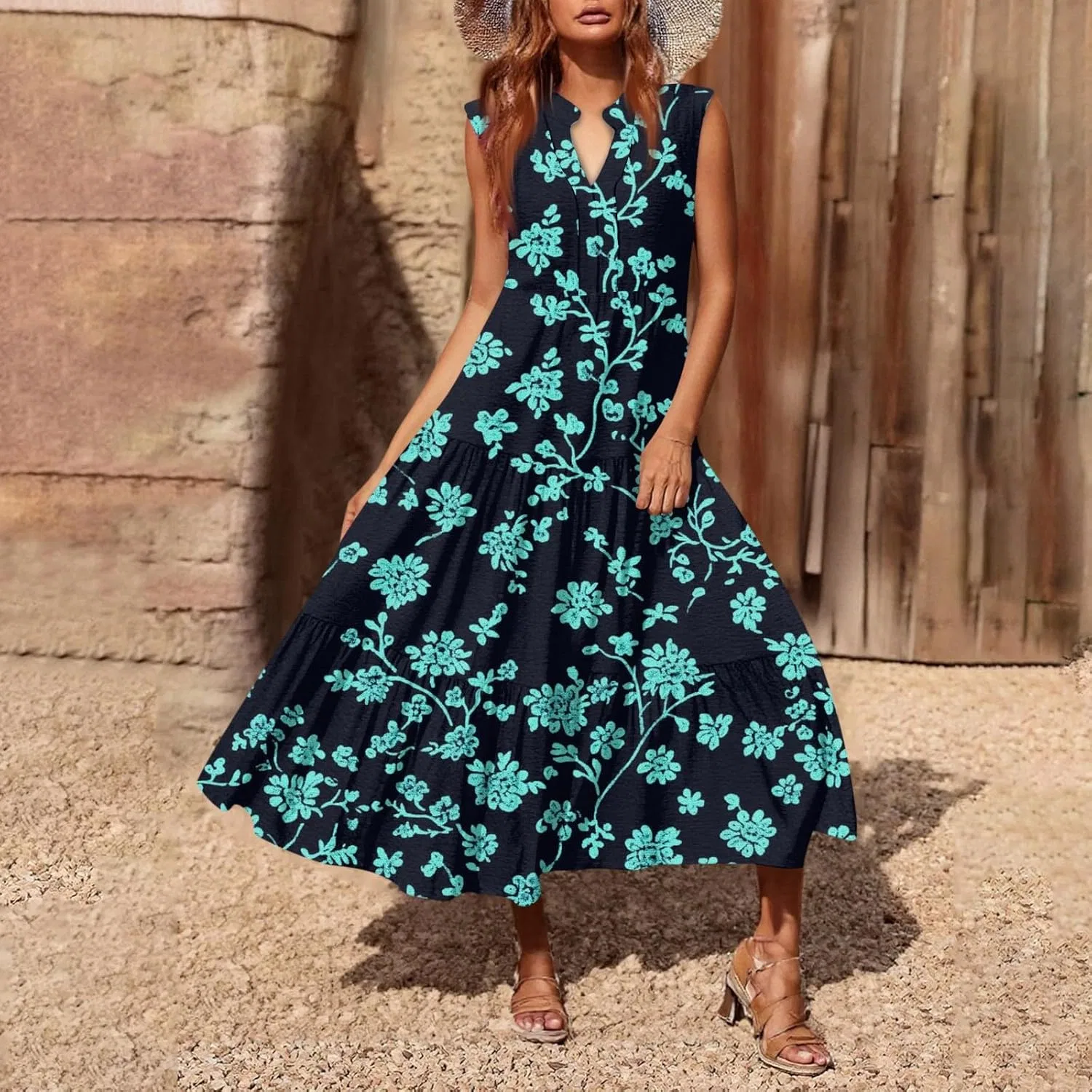Женское летнее макси-платье с цветочным принтом, Sleeveless V Neck Tiered Ruffle, Navy — фото 4