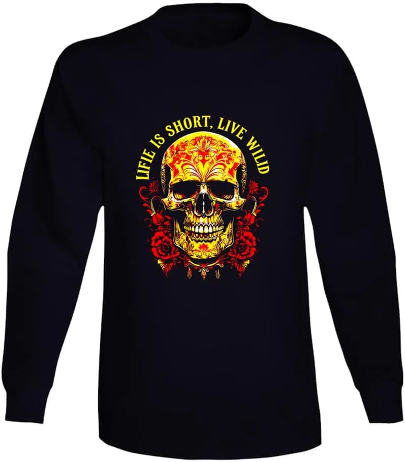Мужская футболка с длинным рукавом с принтом черепа и роз Life is Short Live Wild, Black